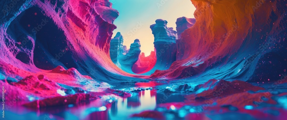 Poster vibrant abstract landscape with colorful formations reflecting in water creating a surreal and dream