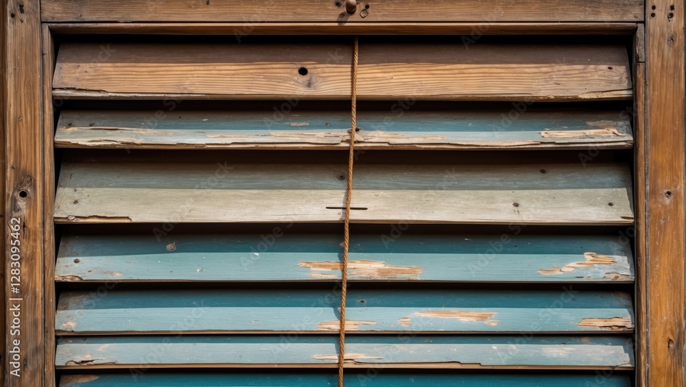 Poster close-up of an old wooden shutter showcasing worn paint and rustic textures in a vibrant color schem