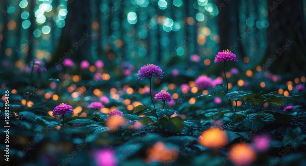 Poster enchanting dark bokeh background featuring luminous flowers and a serene forest setting with a mysti