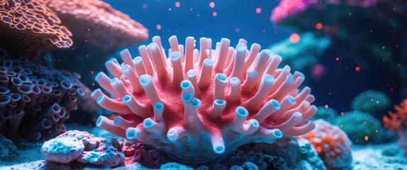 Vibrant underwater coral reef showcasing colorful marine life and intricate textures in an aquatic environment rich in biodiversity.