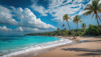 Tropical beach landscape with palm trees and turquoise water under a blue sky with clouds and distant vegetation Copy Space