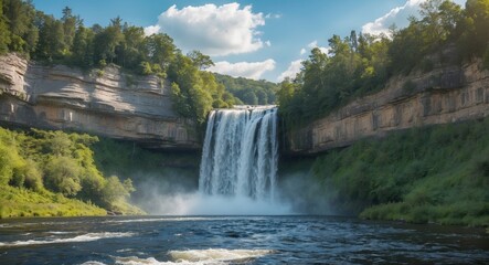 Fototapeta premium Waterfall cascading over rocky cliff surrounded by lush greenery and blue sky with clouds in a scenic natural landscape Copy Space