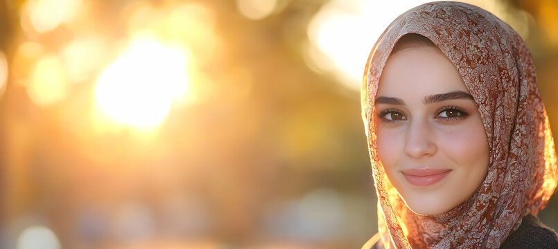 Young Muslim woman smiles warmly at sunset in a park.  Ideal for articles about faith, diversity, or women's empowerment