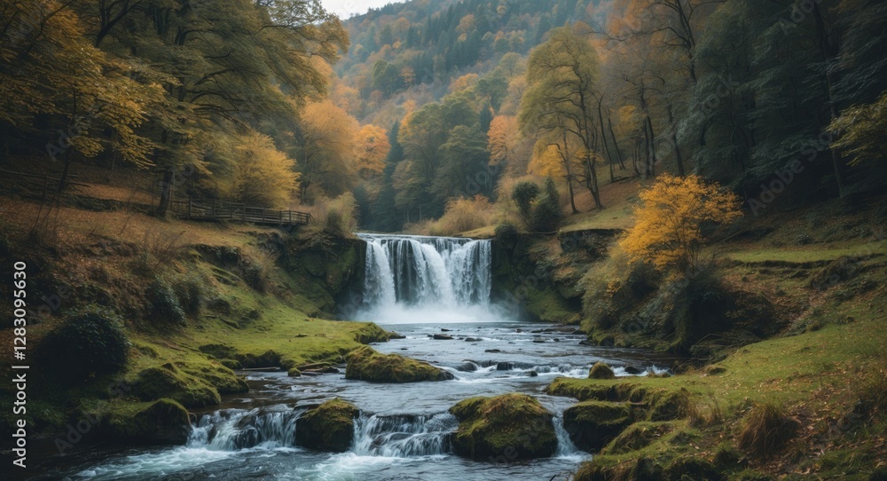 Poster autumn landscape with waterfall flowing into a river surrounded by colorful trees and greenery in a 