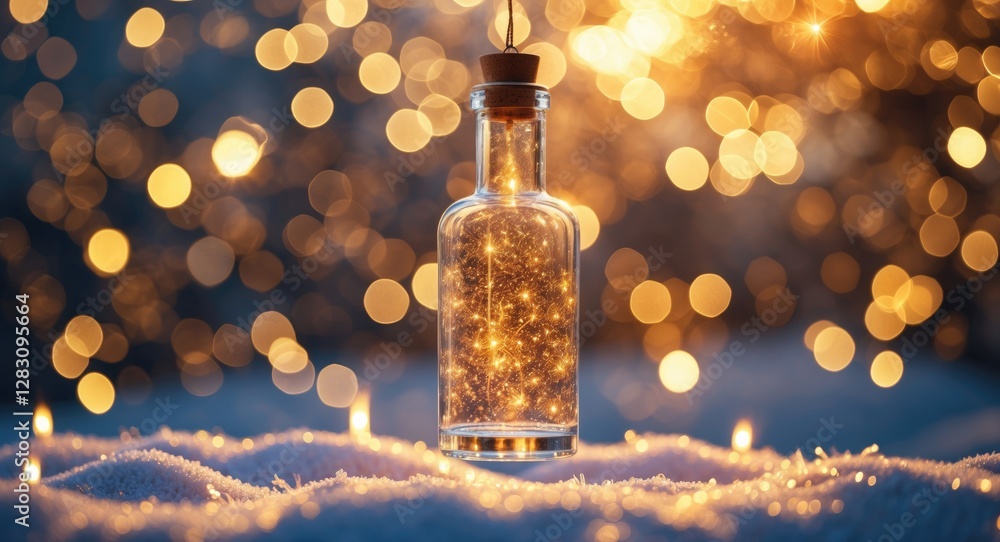 Poster magical glass bottle with glowing lights against a golden bokeh background creating an enchanting wi