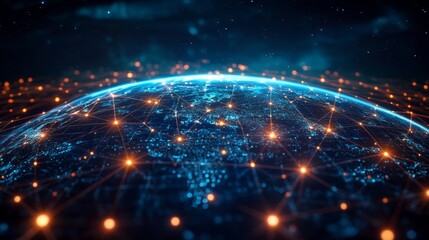 Global digital connectivity visualized through illuminated points on a dark planet with network lines across the globe