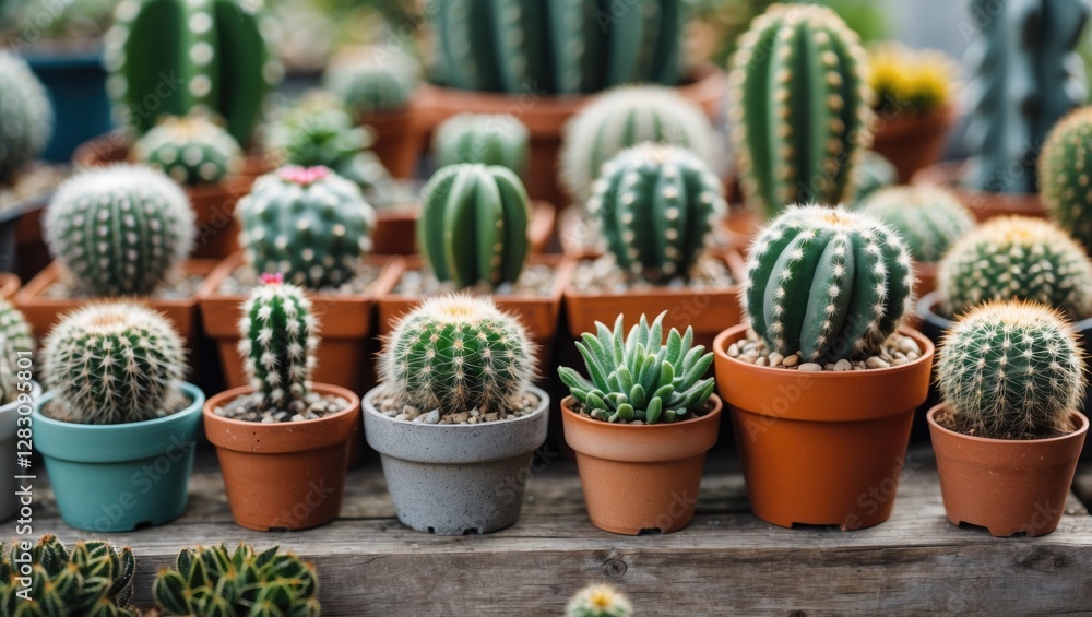 Aufkleber various potted cacti and succulents with different sizes and shapes on wooden table with blurred bac