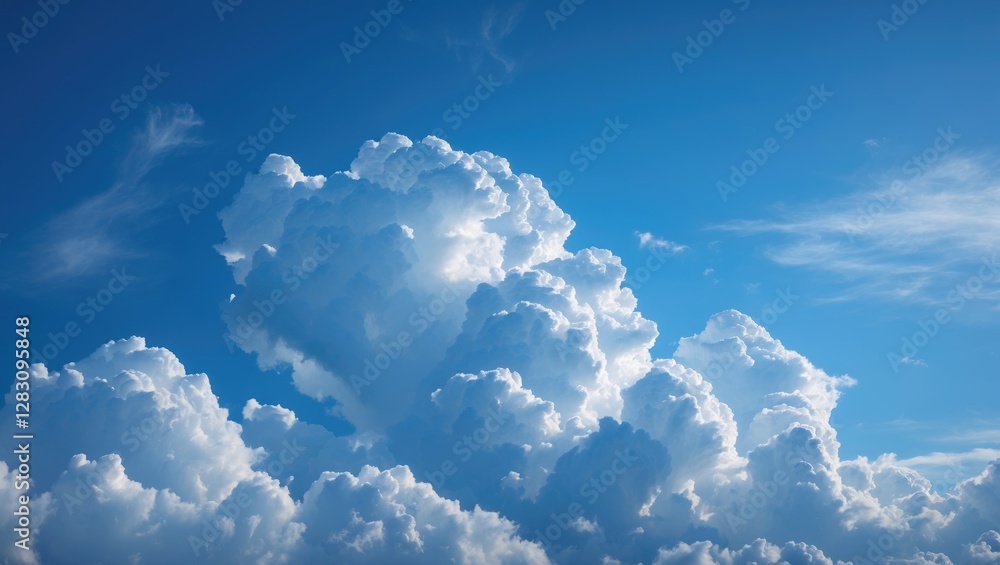 Poster fluffy cumulus clouds floating in a clear bright blue sky creating a serene and peaceful atmosphere 