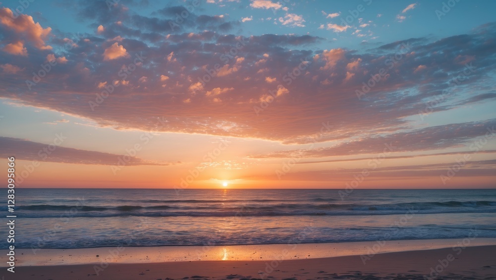 Poster sunset over calm ocean with colorful sky and clouds reflecting on the water at beach environment wit