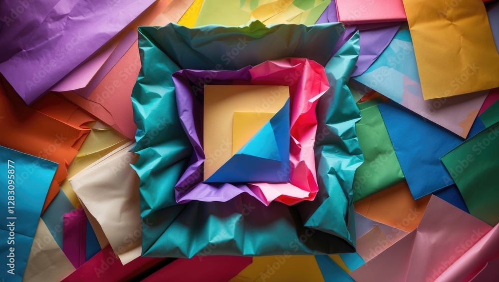 Poster vibrant assortment of colorful folded and crumpled paper arranged in a compelling artistic display p