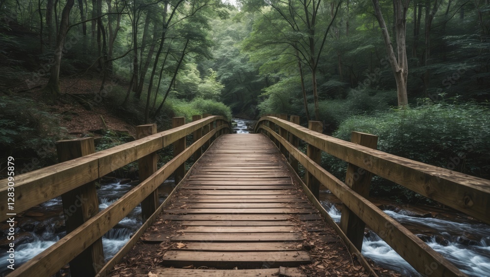 Poster wooden bridge over a stream surrounded by lush green trees in a tranquil forest setting with copy sp
