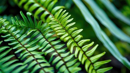 Lush green fern fronds in close-up showcasing vibrant textures and intricate leaf patterns for nature-inspired design and botanical themes
