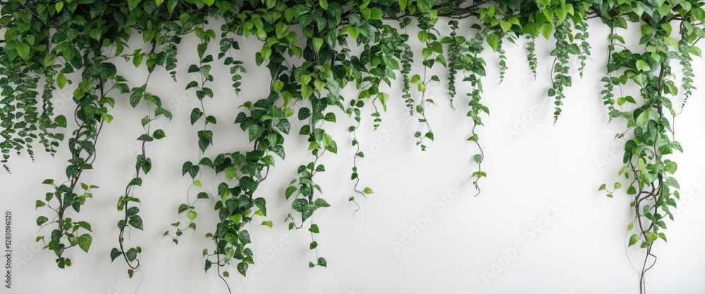 Poster greenery with cascading vines on a white wall creating a natural indoor decor element with copy spac