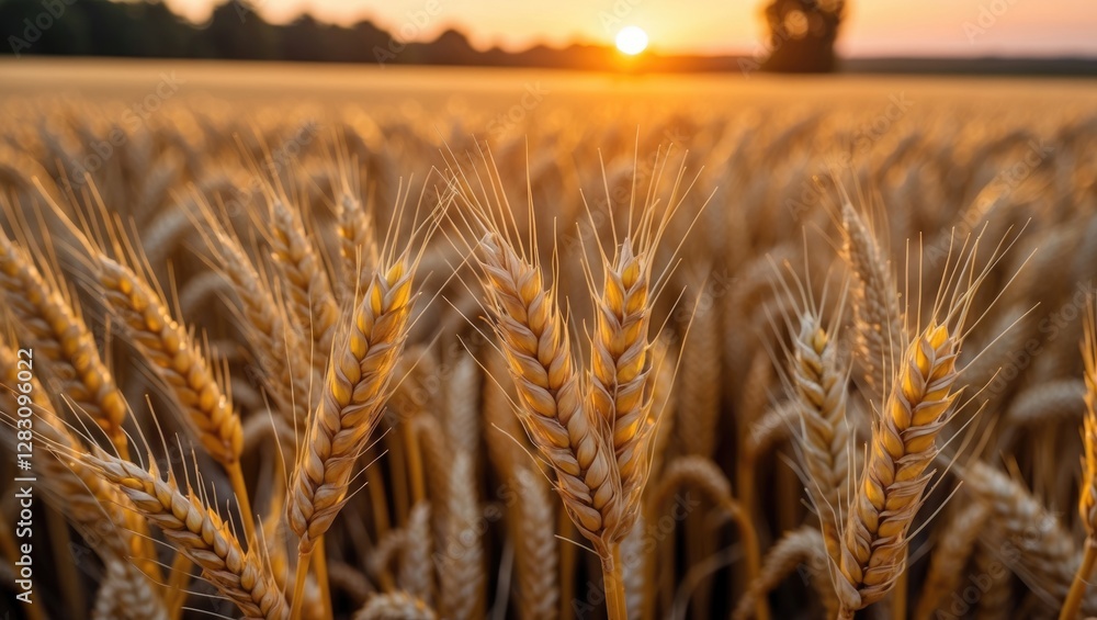 Poster golden wheat field during sunset with sun rays highlighting the ears of wheat in the foreground and 