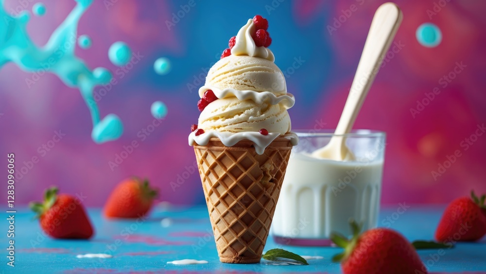 Poster Ice cream cone with swirls of vanilla and raspberry topped with red berries on a colorful background with fresh strawberries and cream