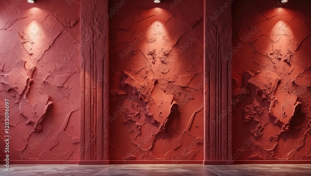 Poster red decorative plaster wall with abstract texture and lighting creating an elegant backdrop ideal fo