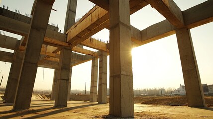 Fototapeta premium Suspended concrete beams forming the structure of a house, supported by pillars