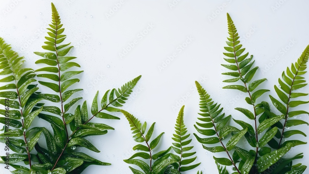 Poster lush green ferns with dewdrops on a clean white background creating a serene and fresh atmosphere wi
