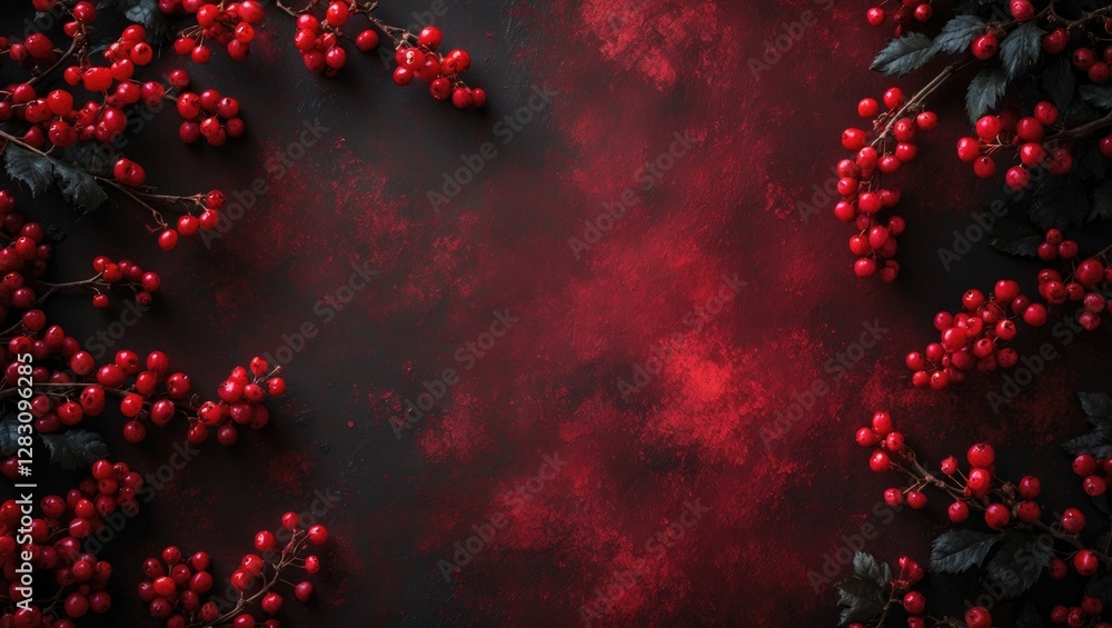 Poster dark red textured background with decorative berries perfect for creative graphic design projects an