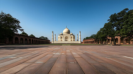 Fototapeta premium White Marble Taj Mahal Monument in Agra India Under a Clear Blue Sky