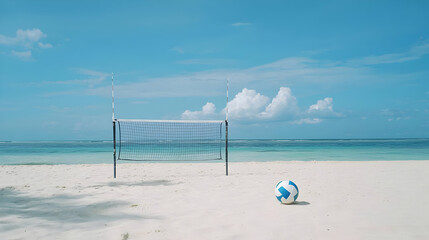 Beach Scene Featuring Soccer Ball And Net On White Sand Under Blue Sky