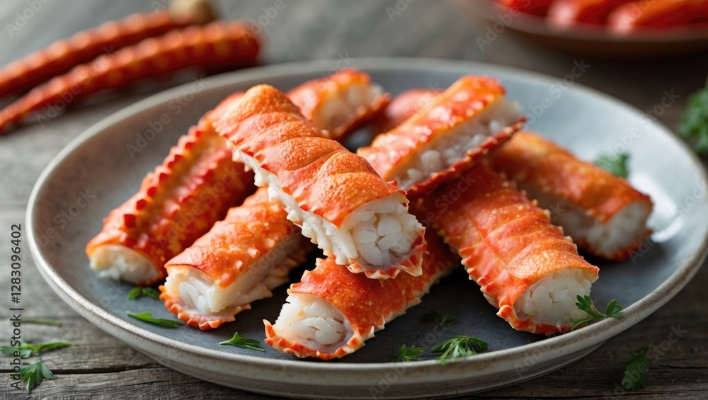 Poster Crab Sticks Displayed Artfully on a Plate with Fresh Garnish and Space for Text Customization