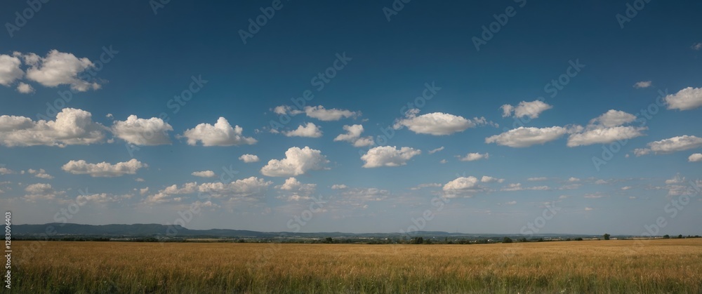 Poster panoramic view of open field with golden grass under blue sky with clouds distant mountains in backg