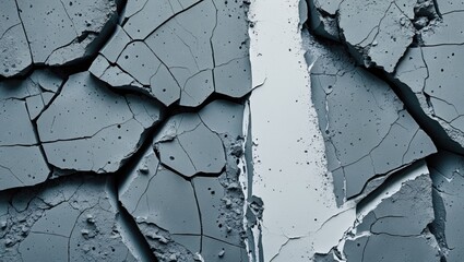 Cracked Grey Concrete Surface Texture Featuring Large Cracks and White Cement Layer Ideal for Backgrounds and Construction Design Projects