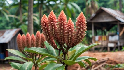 Obraz premium Divi-divi Plant Caesalpinia coriaria Flourishing in Rural Thailand Surrounded by Lush Greenery and Traditional Wooden Structures