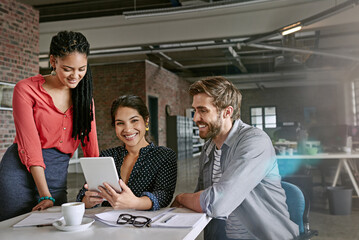 App developer, happy or people on tablet for teamwork, homepage layout or web research. Startup,...