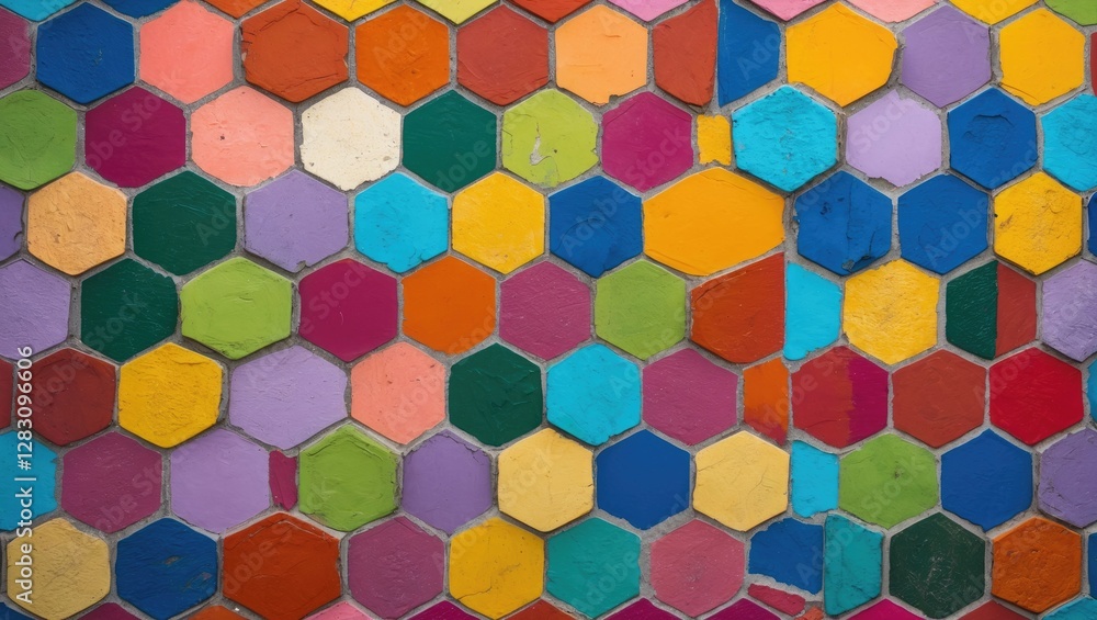 Poster vibrant hexagonal patterned wall showcasing a dynamic mix of colors in a playful and artistic design