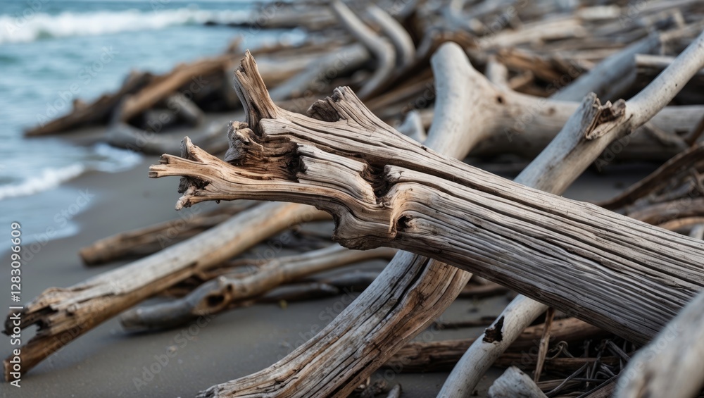 Poster driftwood texture and details on a sandy beach with ocean waves in the background creating a serene 