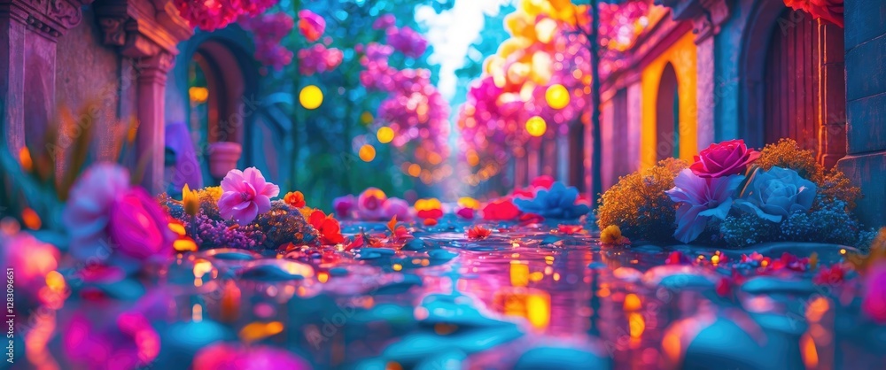 Poster vibrant floral pathway with reflections and soft lighting creating a dreamy abstract atmosphere in a