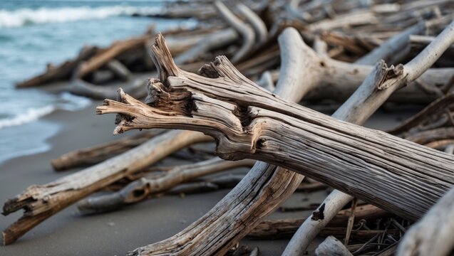 Driftwood texture and details on a sandy beach with ocean waves in the background creating a serene coastal atmosphere.