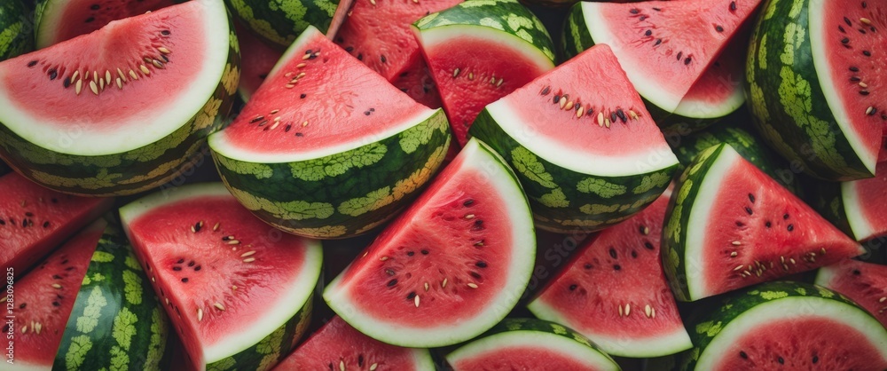 Poster watermelon slices arranged in a colorful pattern with vibrant red flesh and green rind on a textured