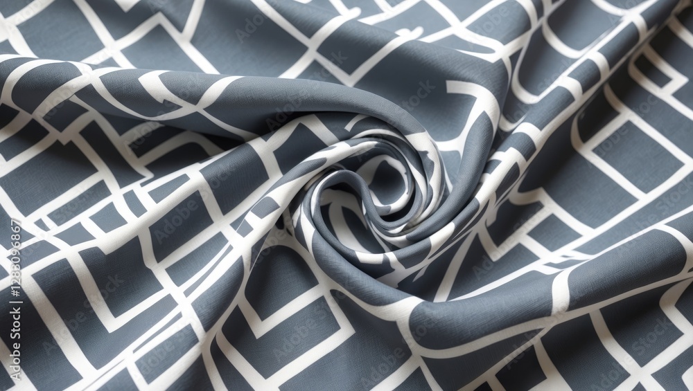 Poster geometric silk fabric with gray and white labyrinth cube pattern ideal for creative projects and sty