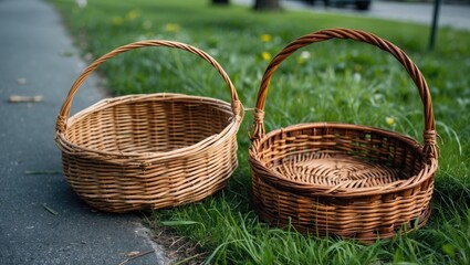 Two wicker baskets on grass beside a pathway with blurred background and natural light Copy Space