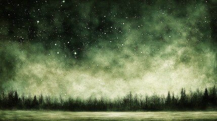 Starry night sky over silent forest nature illustration ethereal atmosphere dreamy landscape wide view