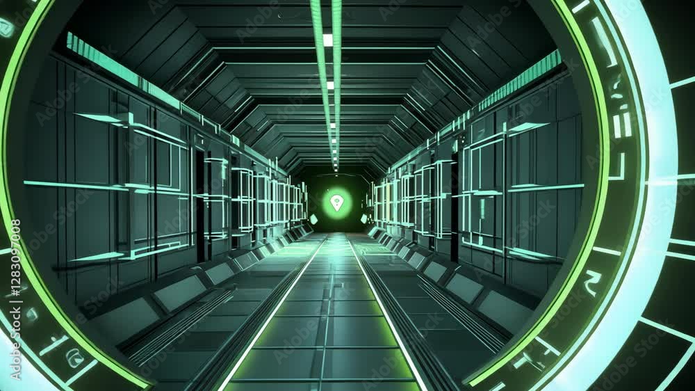 Poster futuristic corridor with glowing green lights and geometric patterns sci fi perspective with depth a