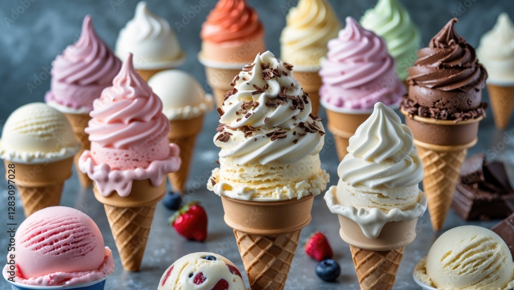 Poster colorful assortment of ice cream cones and bowls with various flavors and toppings on gray backgroun