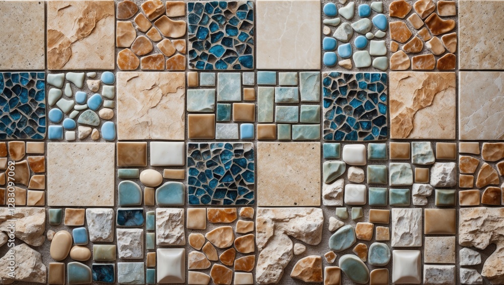 Poster colorful mosaic tile patterns arranged in a geometric design with various textures and colors for in