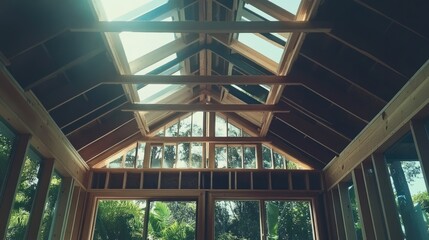 Under-construction house with visible roof trusses and an open structural layout