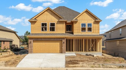 Under-construction house with visible roof trusses and an open structural layout