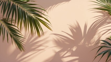 Tropical palm leaves casting shadows on soft peach wall with copy space for text