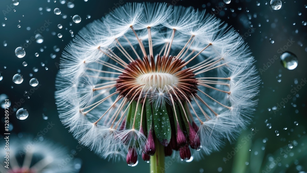 Poster dandelion flower close-up with water droplets creating a refreshing and serene atmosphere in a natur
