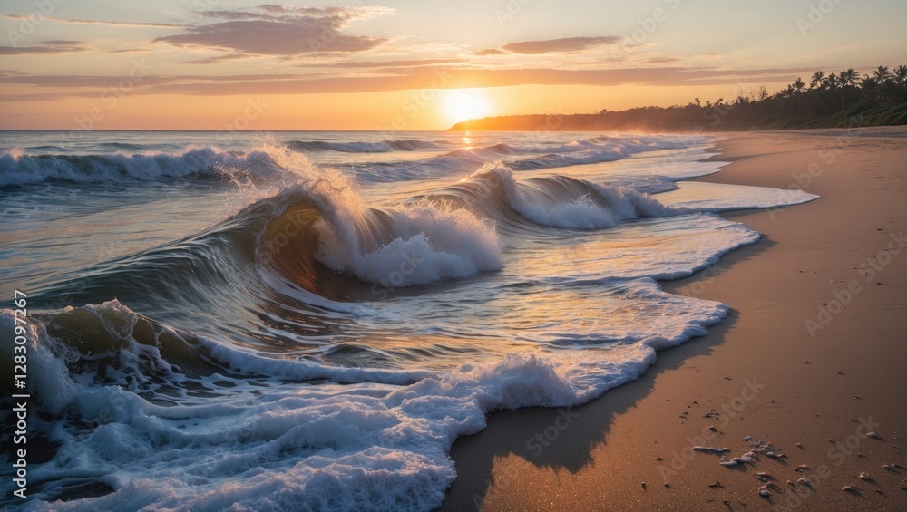Poster waves crashing on sandy beach at sunset with colorful sky and palm trees in background creating tran