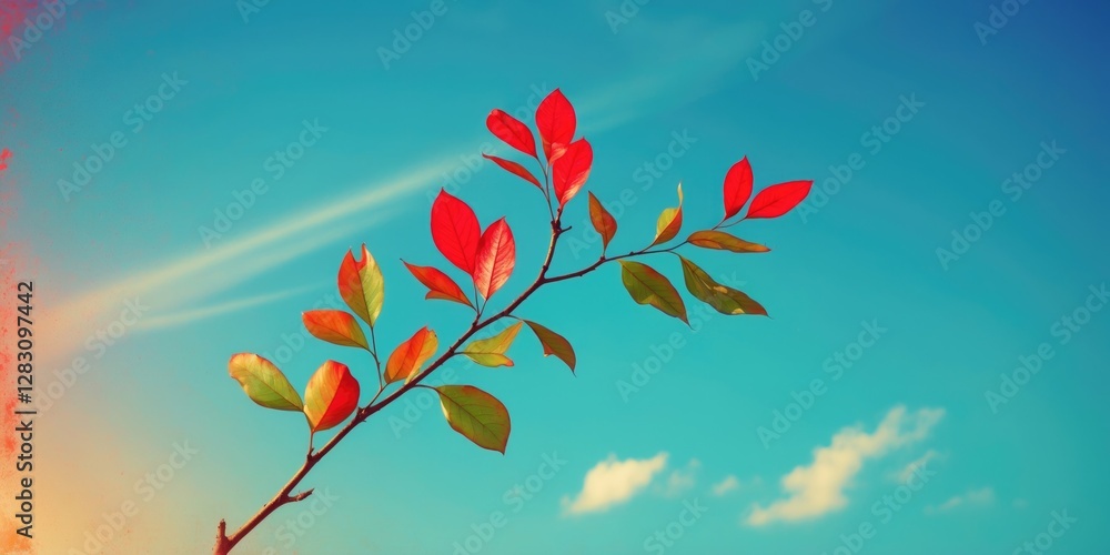 Poster branch with vibrant red and green leaves against a clear blue sky with soft clouds and copy space fo