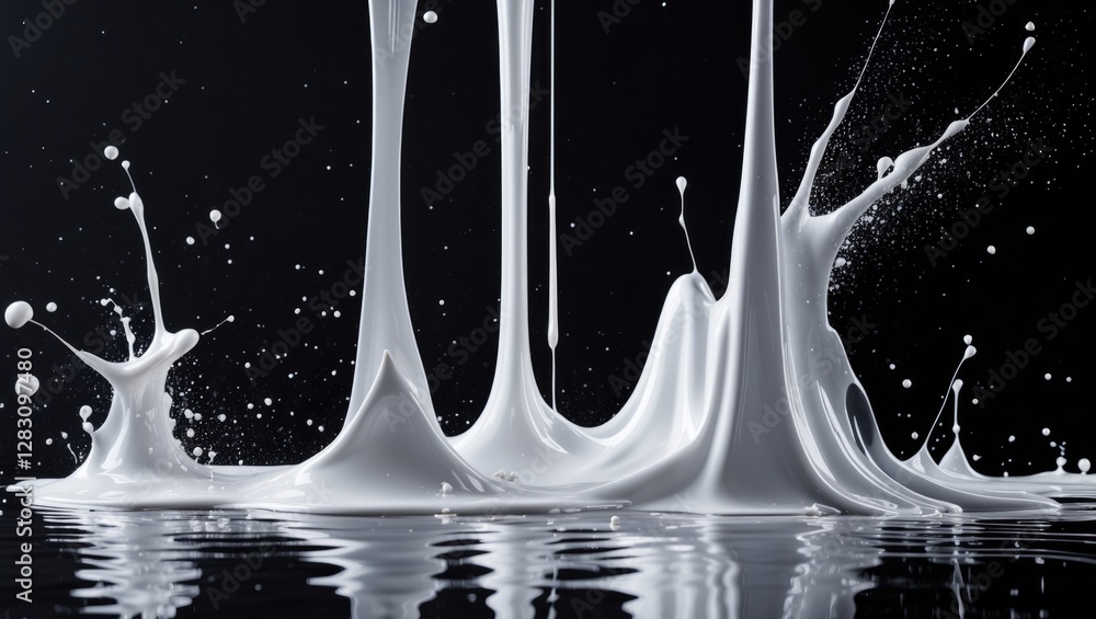 Poster dynamic flow of white paint against a black backdrop showcasing abstract splashes and streams in flu