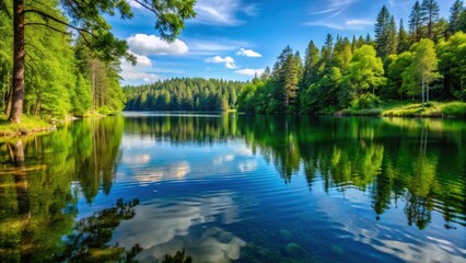 Fototapeta premium Serene lake scene with clear water ripple on a calm surface, surrounded by lush greenery and tall trees in the background , still water, tranquility