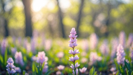 Delicate spring flowers with soft bokeh background in a sunlit forest creating a serene and tranquil natural atmosphere.